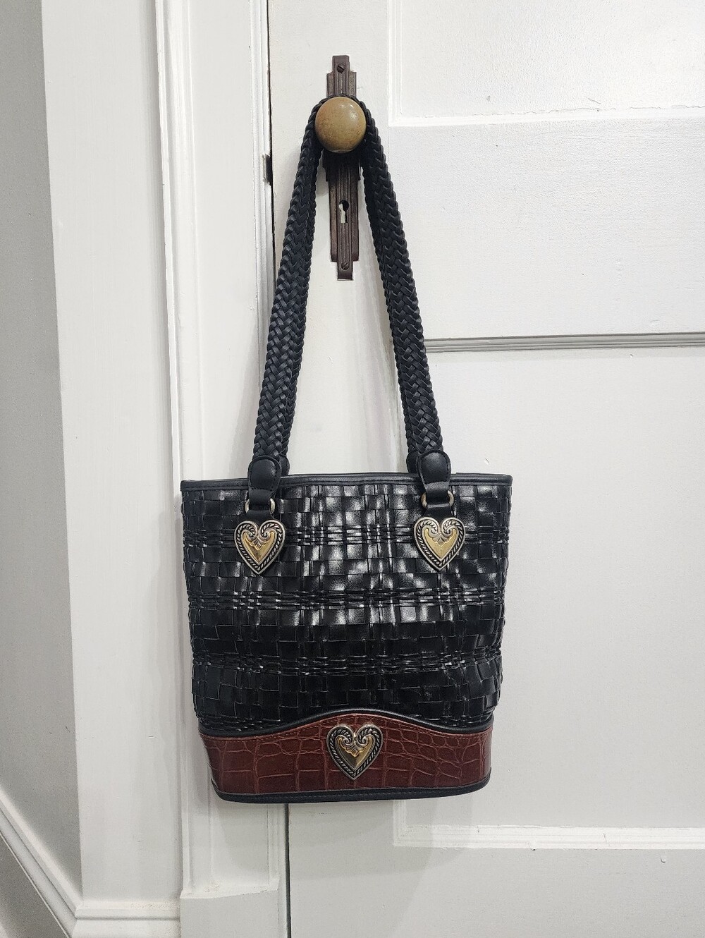 Vintage Y2K Marlo Braided Leather Shoulder Bag W/ Metal Heart Accents Purse